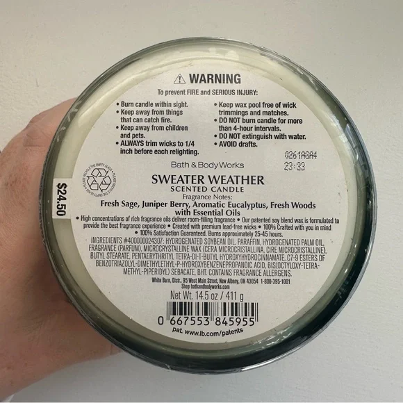 NWT Bath & Body Works 3-Wick Candle- “Sweater Weather” Scent - Picture 3 of 4